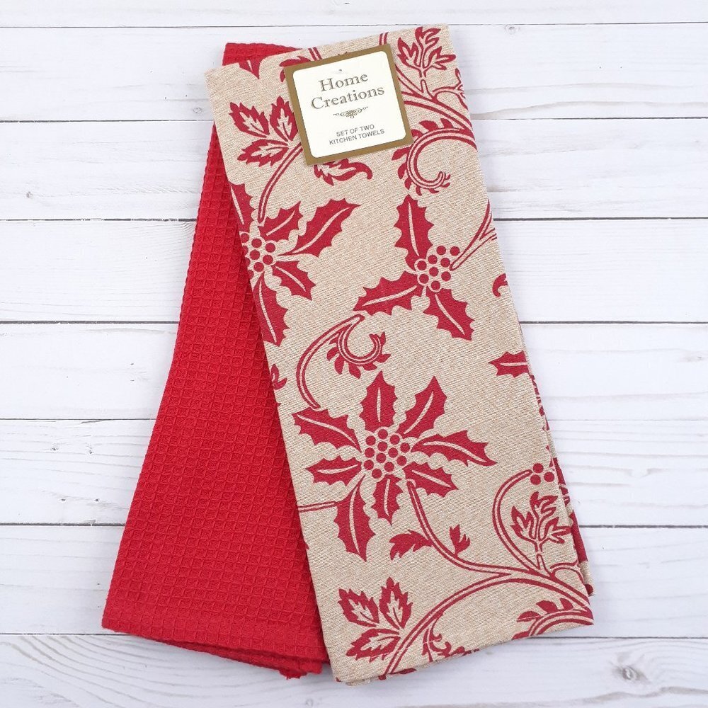 Kitchen Towels Holiday Holly Leaves Set of 2 Red Gold Thread